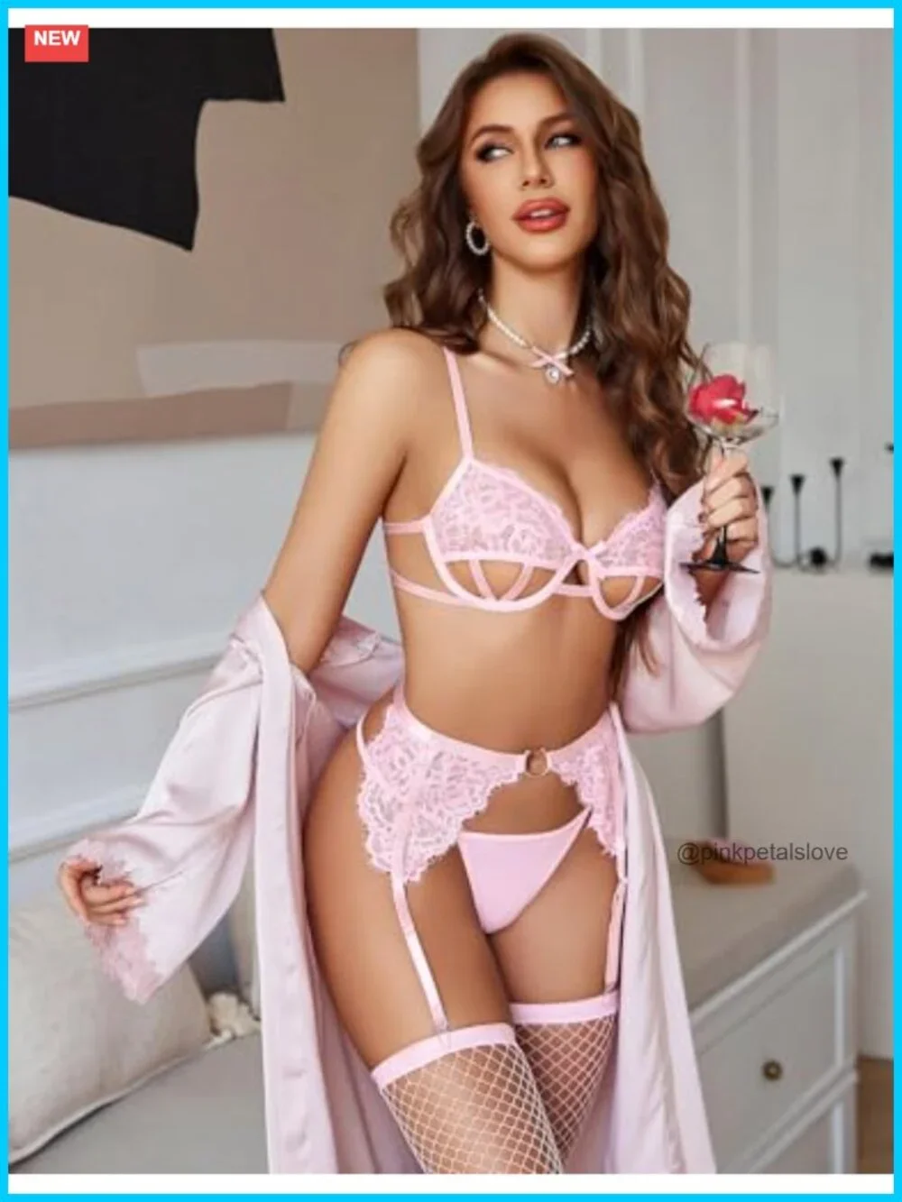 Underwire Lingerie Set with Stockings - Cut Out Bra and Panty Matching 4 Piece